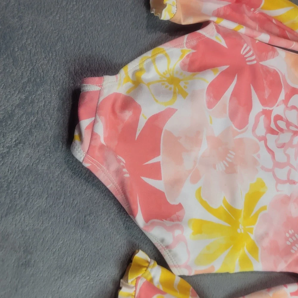 Just One You Carters Girls 5T Floral Long Sleeve Rash Guard Swimsuit Pink Yellow